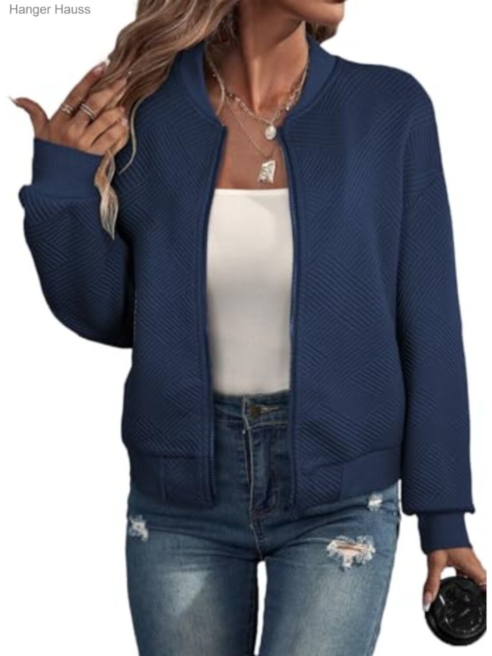 Womens Lightweight Bomber Jacket Casual Stand Collar Zip Up Coat with Pockets